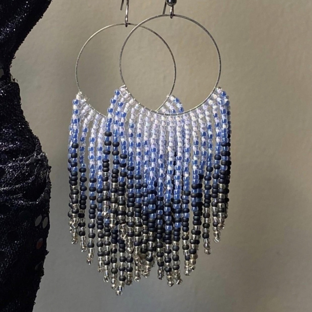 Ombre handmade beaded fringe hoop earrings